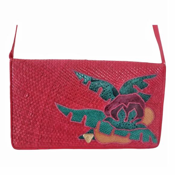 CORA JACOBS Vintage 90s Red Shoulder Bag Reed Snakeskin Purse Designer Handbag - Picture 3 of 15